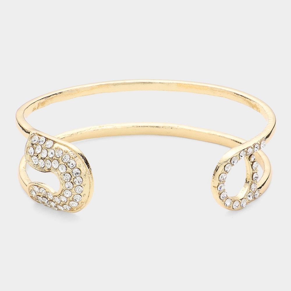 Gold Safety Pin Paved Rhinestone Crystal Tip Cuff Bracelet Bangle